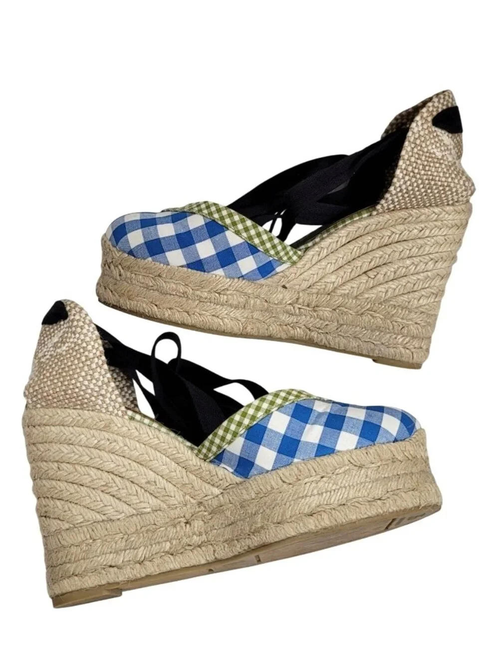Castaner Womens Espadrille Wedges Blue Gingham Print Lace-Up Size 35